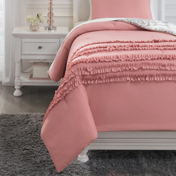 Twin Comforter-2 Piece Set Ruffled Pink And Grey